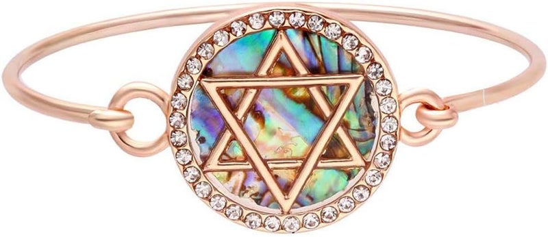 MANZHEN Jewish Charm Star of David Abalone Shell Wire Openable Crystal Bangle Bracelet - Image 1